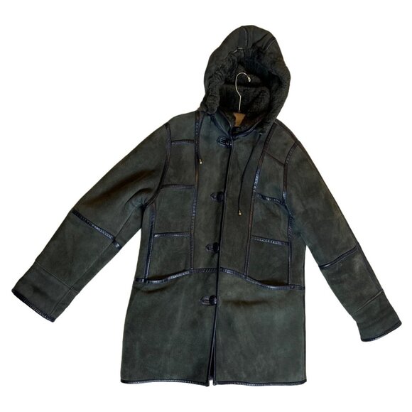 Pellegrino Genuine Shearling Hooded Coat Medium USA Italy Olive Green With Black - Picture 2 of 6